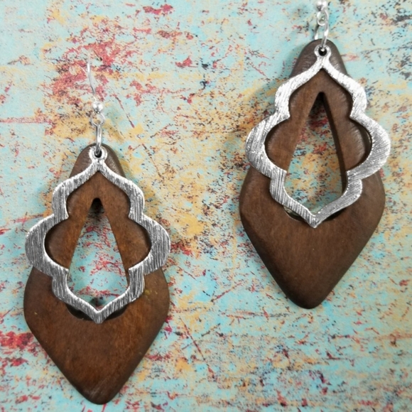 Wood Earring with Silver Frame Overlay - Picture 3 of 5